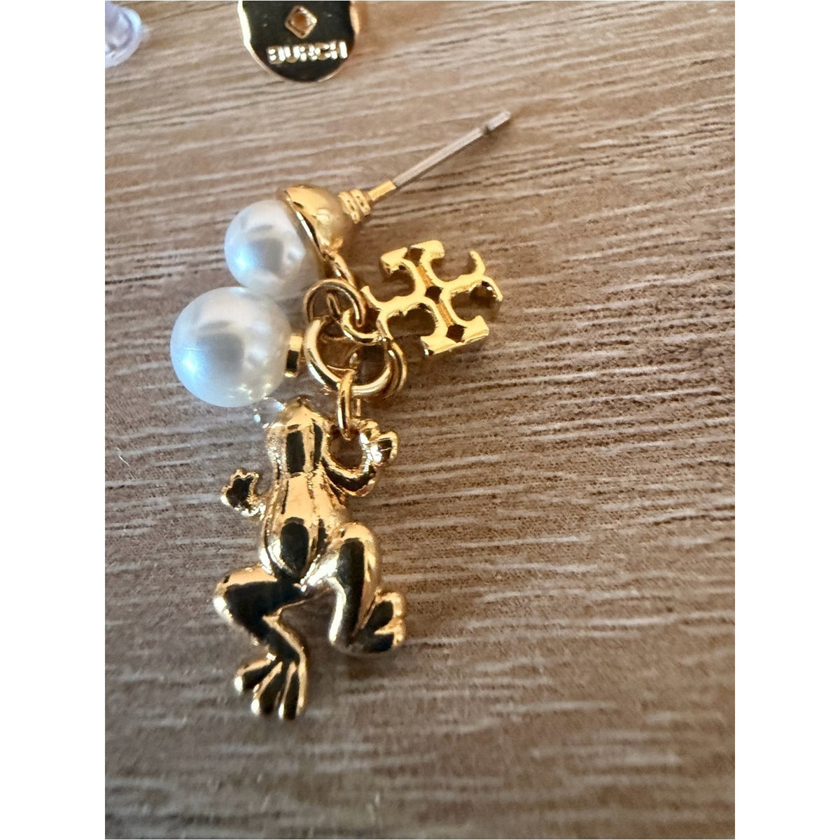 New Tory Burch Gold Frog Charm Pearl Drop Earrings