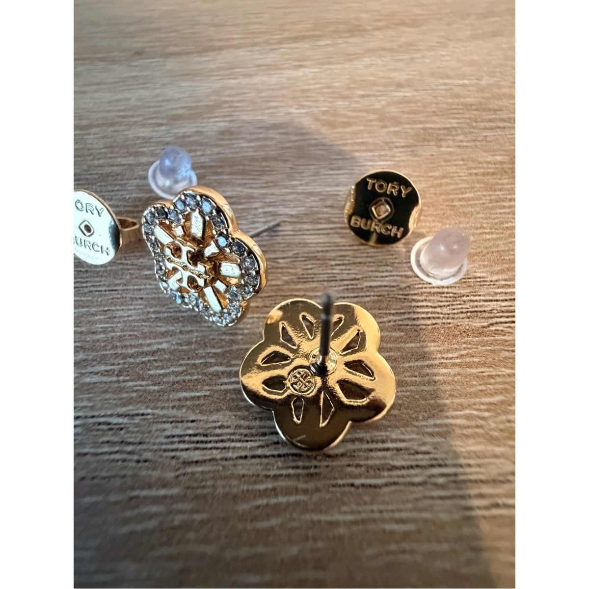 New Tory Burch Gold Floral Crystal Logo Stud Earrings