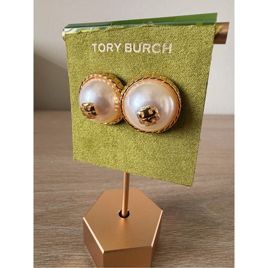 Tory Burch Faux Pearl Logo Stud Earrings Gold Tone New
