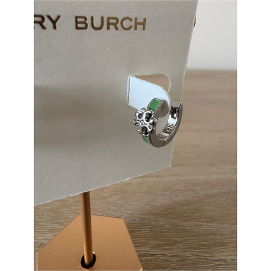 Tory Burch Kira Silver Tone Green Enamel Logo Huggie Hoop Earrings