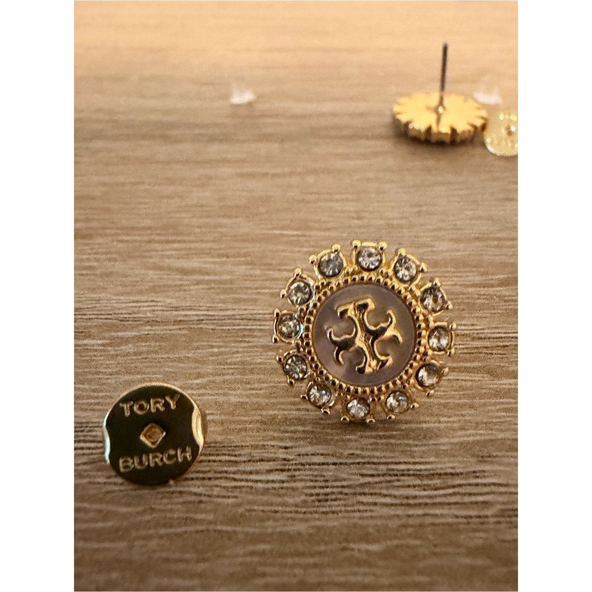Tory Burch Moondance Mother of Pearl Stud Earrings Crystal Accents Gold new