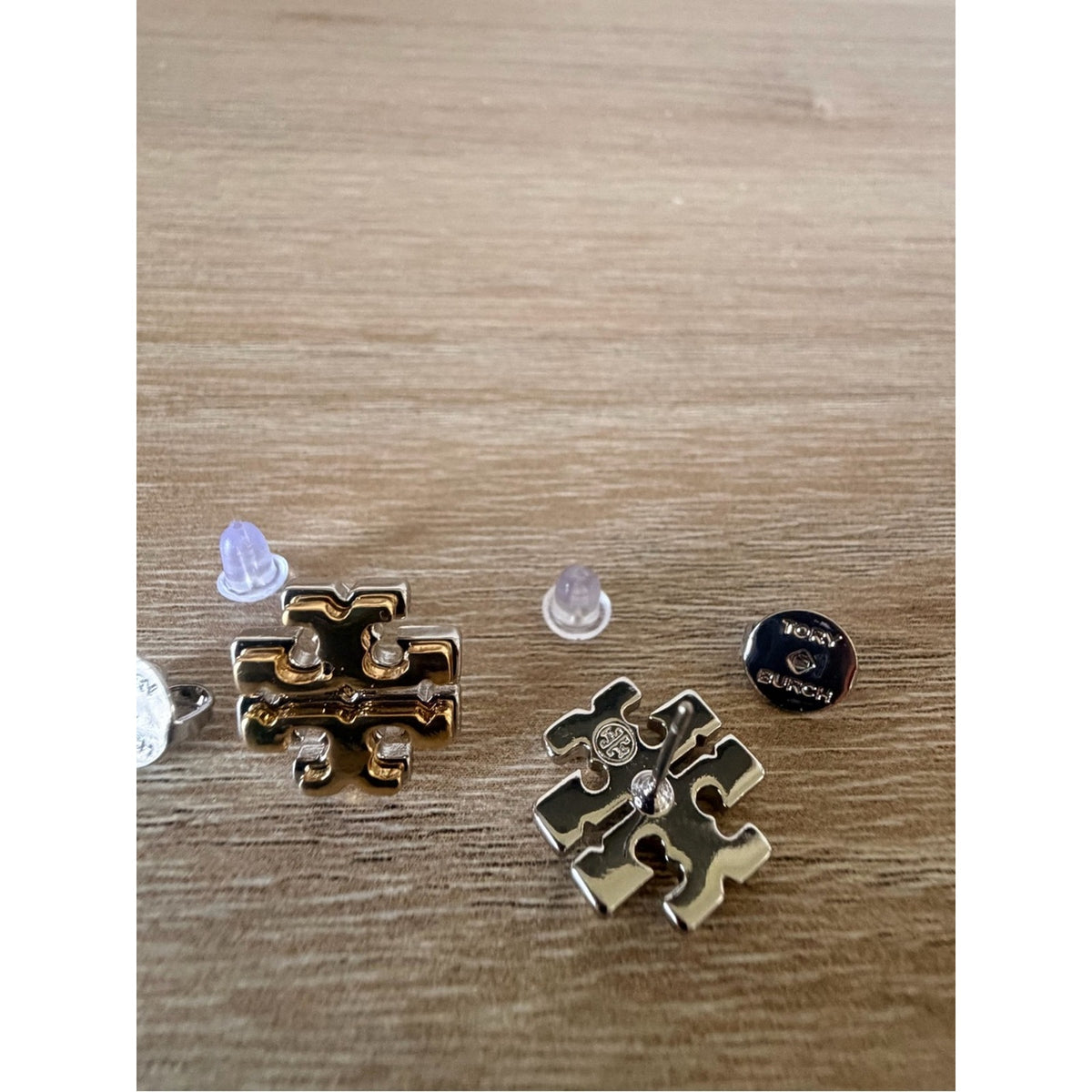 Tory Burch Two Tone Miller Logo Stud Earrings Gold Silver New