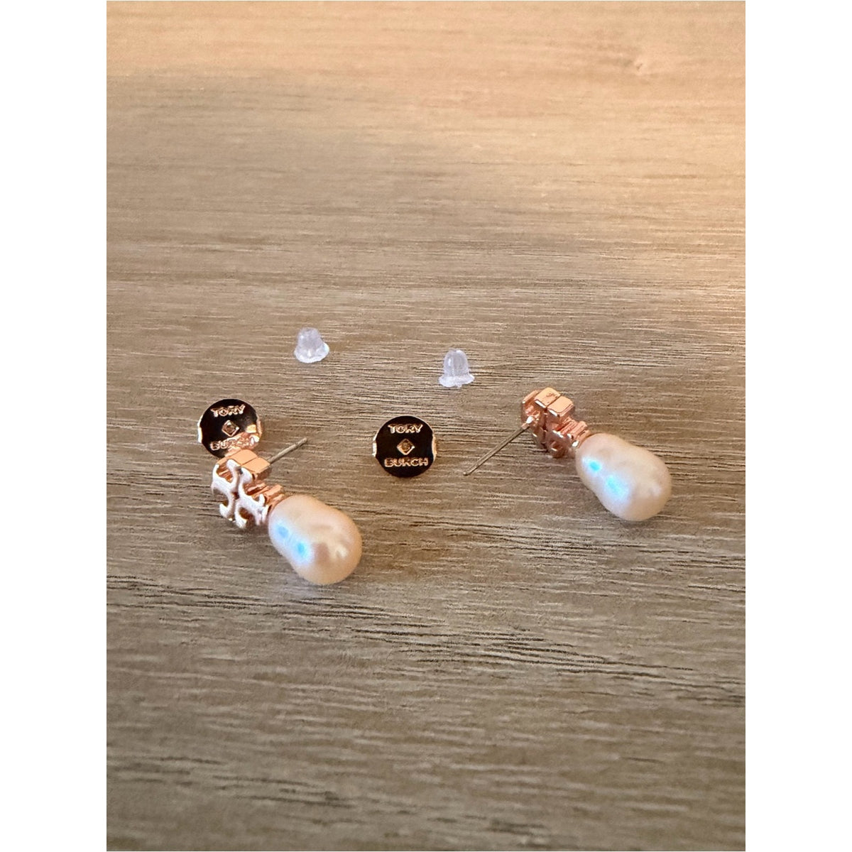 Tory Burch Rose Gold Logo Faux Pearl Drop Stud Earrings New
