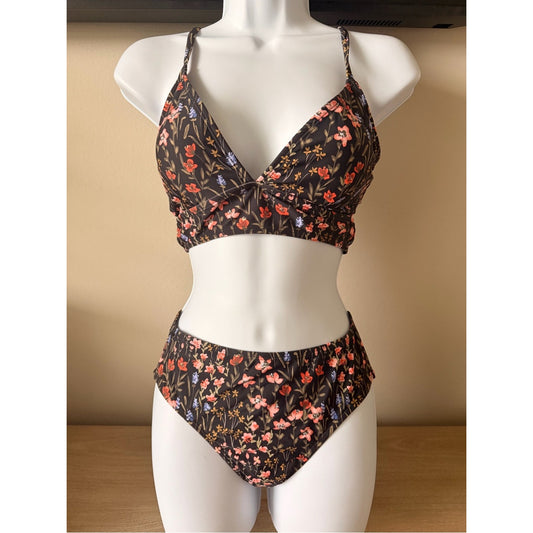 Cupshe Floral Bikini Set XS NWOT Black Pink Twist Front Tie Back Swim