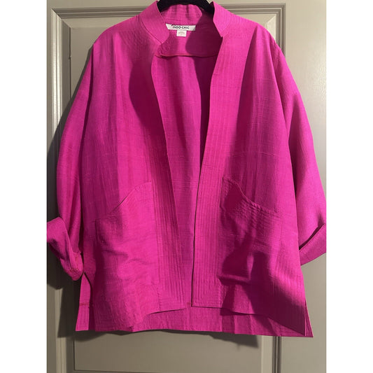Indo-Chic 100% Silk Jacket Top Pink Fuchsia Open Front Pockets Size P Petite