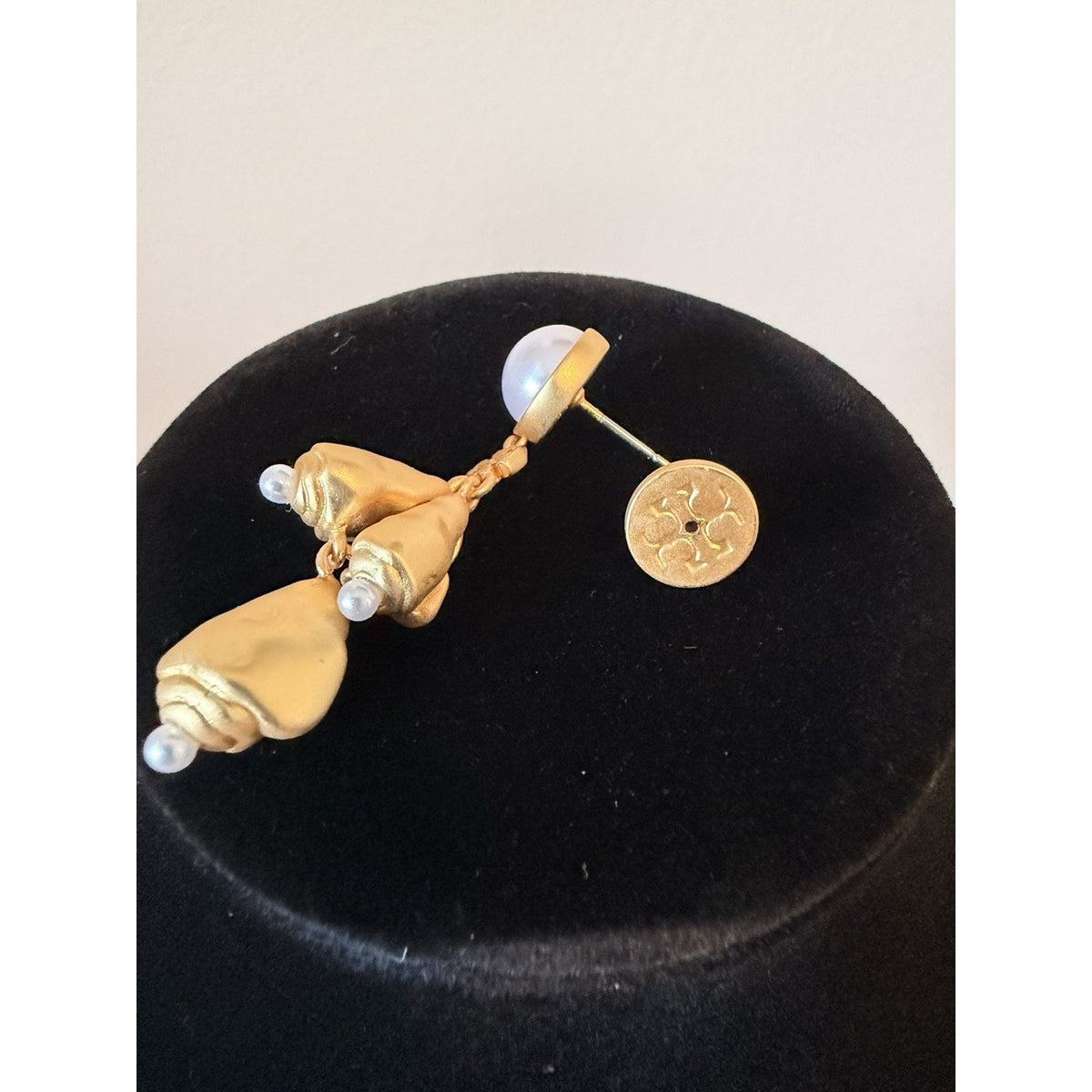 Tory Burch Pearl Drop Earrings Gold Tone Logo Statement Dangle