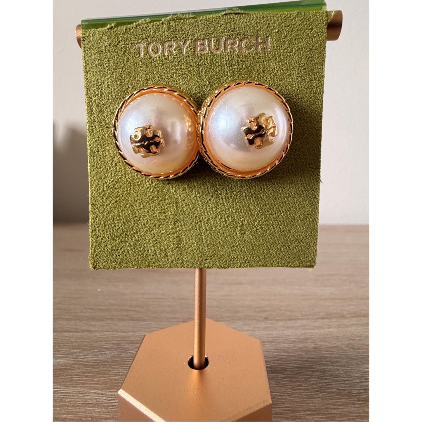 Tory Burch Faux Pearl Logo Stud Earrings Gold Tone New