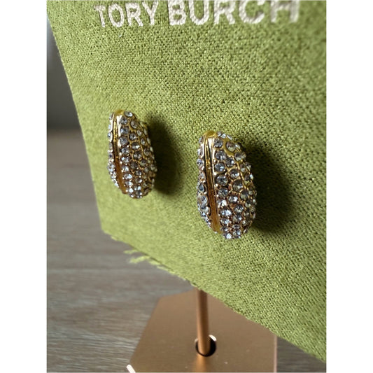 Tory Burch Gold Pavé Crystal Oval Stud Earrings Logo