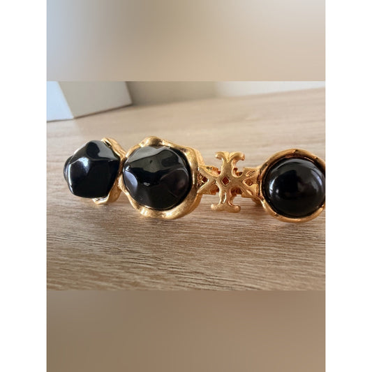 Tory Burch Black Enamel Gold Tone Hair Barrette Logo Hair Clip