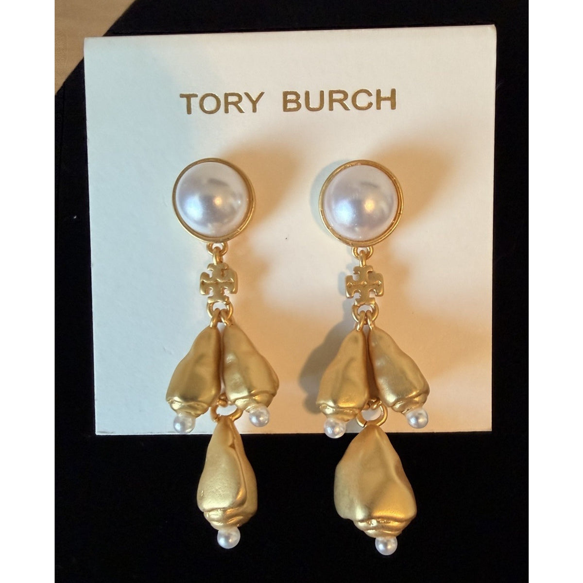 Tory Burch Pearl Drop Earrings Gold Tone Logo Statement Dangle