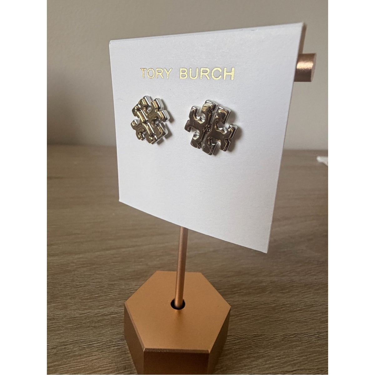 Tory Burch Two Tone Miller Logo Stud Earrings Gold Silver New