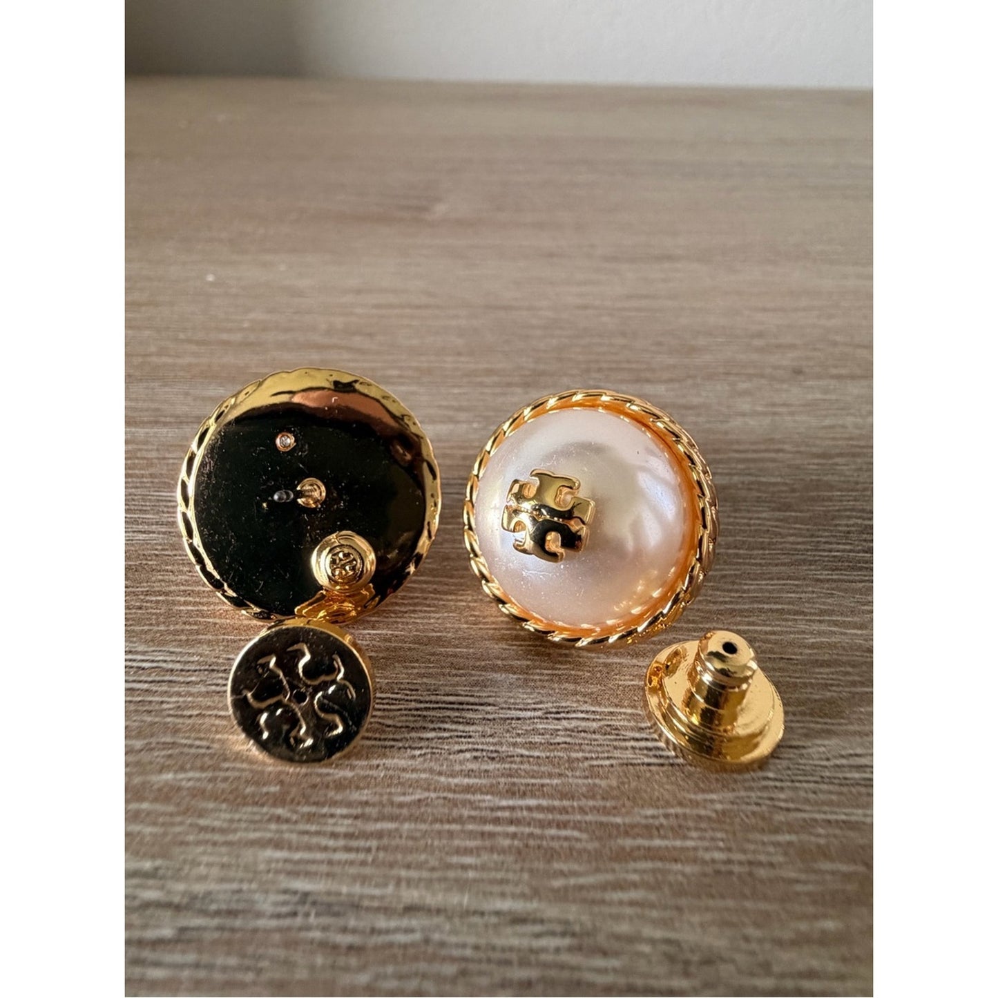 Tory Burch Faux Pearl Logo Stud Earrings Gold Tone New