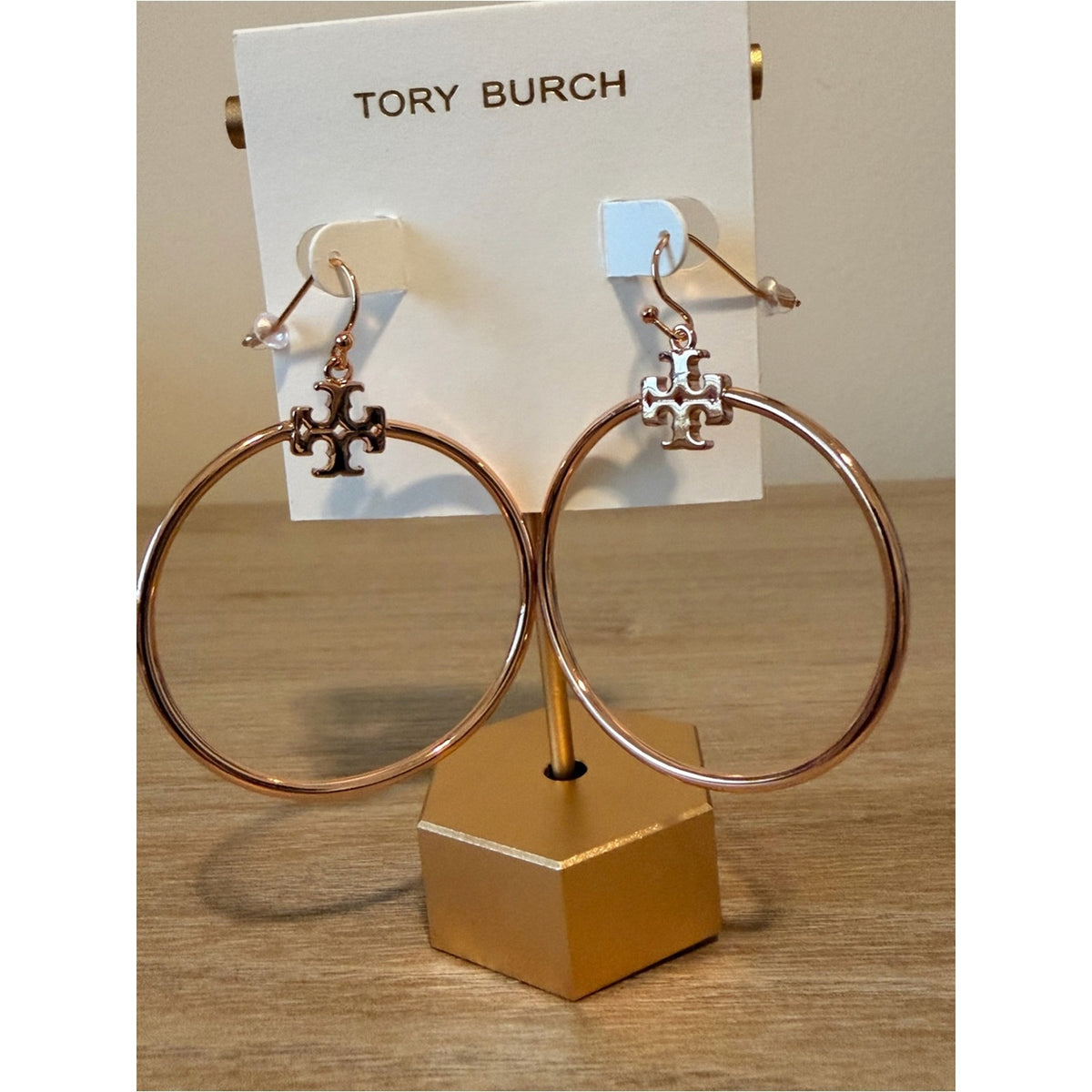 Tory Burch Rose Gold-Tone Logo Hoop Drop Earrings – New