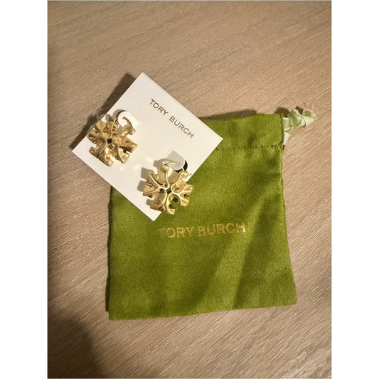 Tory Burch Gold Miller Logo Hoop Earrings New Dust Bag Gift Pouch