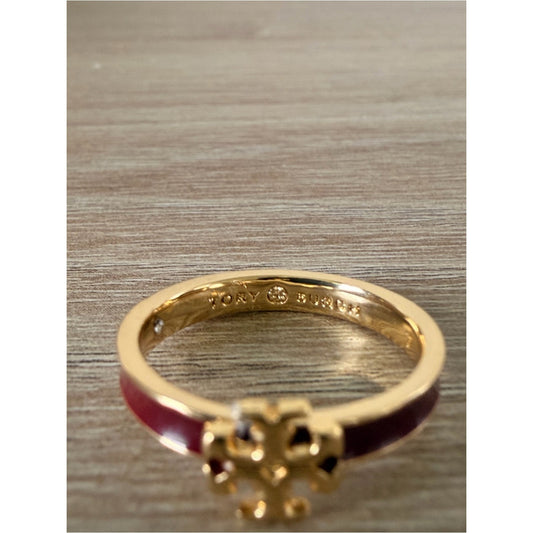 Tory Burch Burgundy Enamel Logo Ring Gold Tone Size 7 New