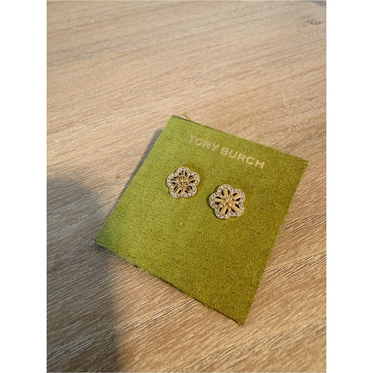 New Tory Burch Gold Floral Crystal Logo Stud Earrings