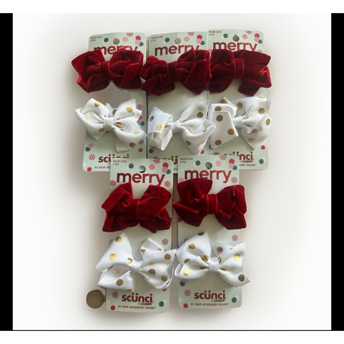 Scünci Holiday Velvet & Polka Dot Bow Clips 5 Packs Christmas Hair Accessories