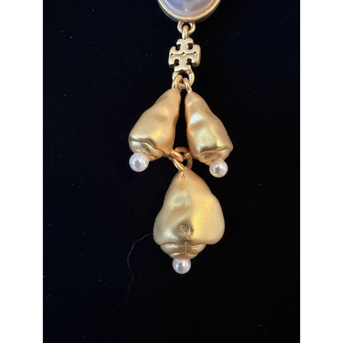 Tory Burch Pearl Drop Earrings Gold Tone Logo Statement Dangle