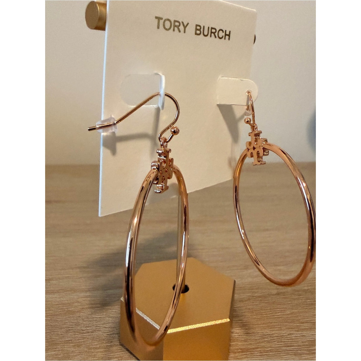 Tory Burch Rose Gold-Tone Logo Hoop Drop Earrings – New