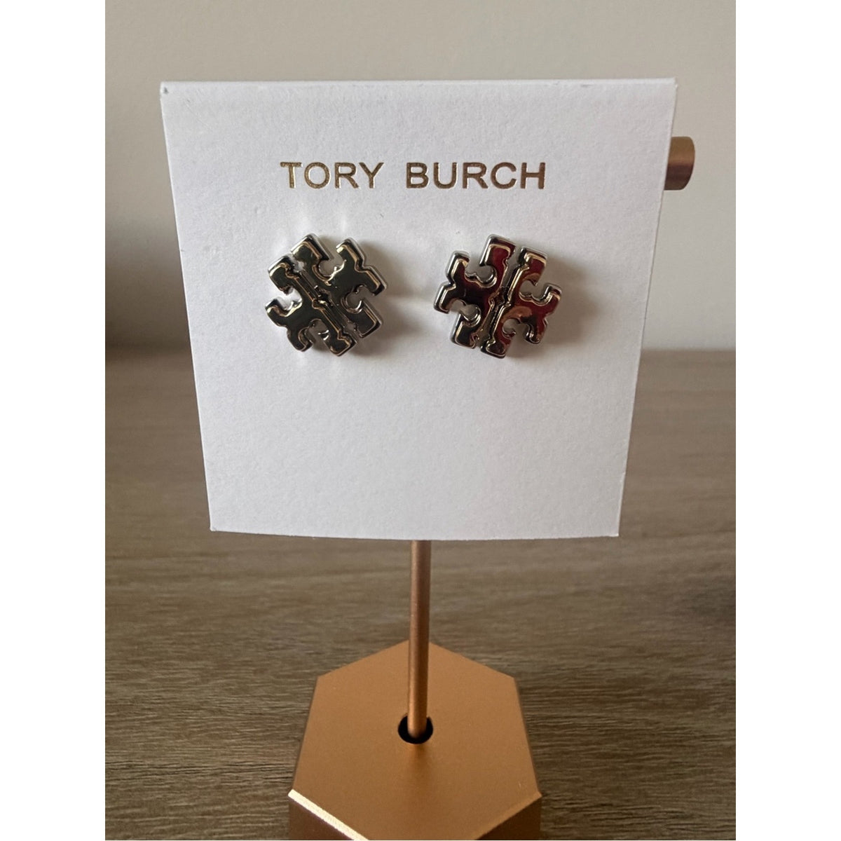 Tory Burch Two Tone Miller Logo Stud Earrings Gold Silver New