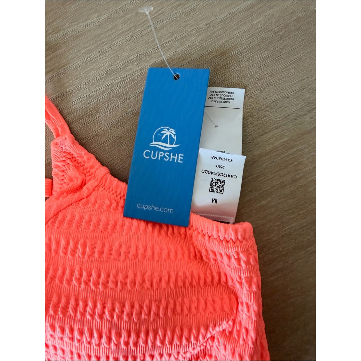 CUPSHE NWT Bright Coral Textured Bikini Set Medium High Waisted Swimwear