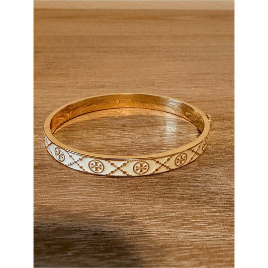 Tory Burch White Gold-Tone Double T Hinged Bangle Bracelet New