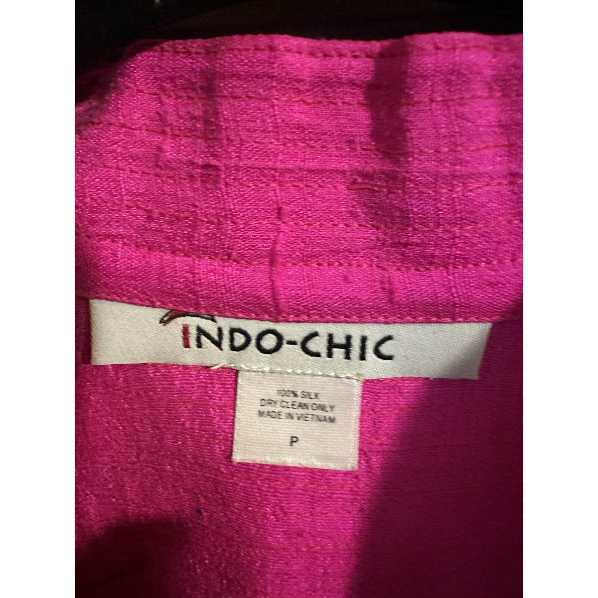 Indo-Chic 100% Silk Jacket Top Pink Fuchsia Open Front Pockets Size P Petite
