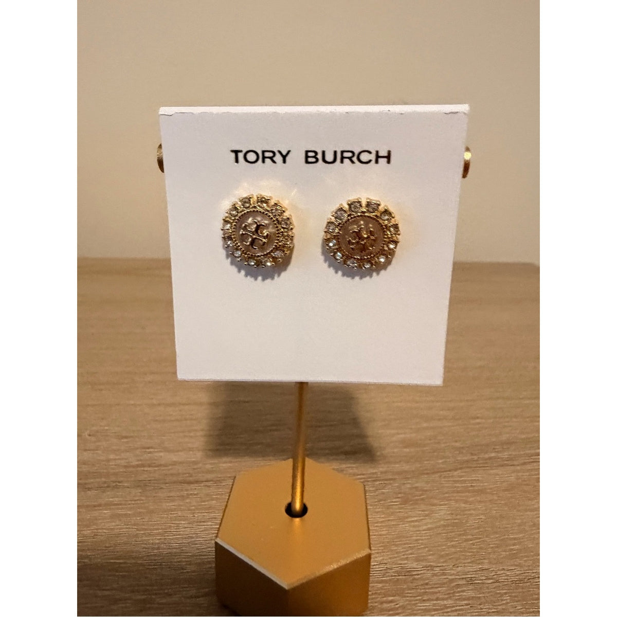 Tory Burch Moondance Mother of Pearl Stud Earrings Crystal Accents Gold new