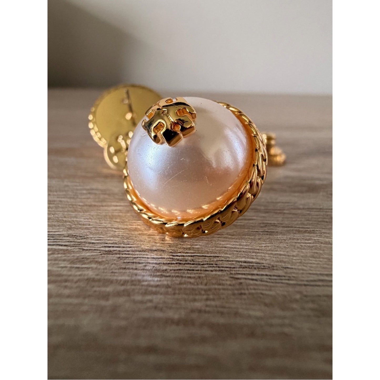 Tory Burch Faux Pearl Logo Stud Earrings Gold Tone New