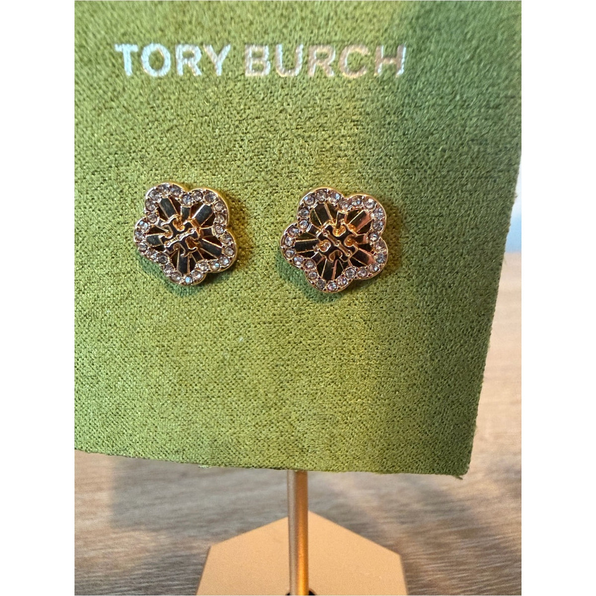 New Tory Burch Gold Floral Crystal Logo Stud Earrings