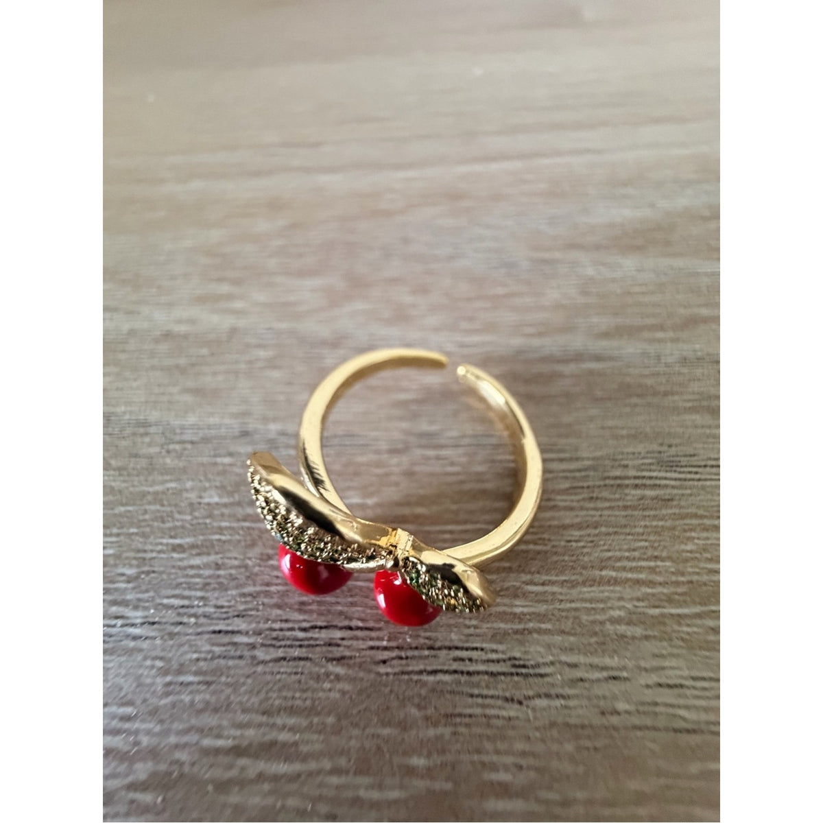 Gold Cherry Ring with Red Enamel Accents