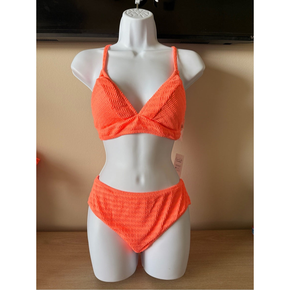 CUPSHE NWT Bright Coral Textured Bikini Set Medium High Waisted Swimwear