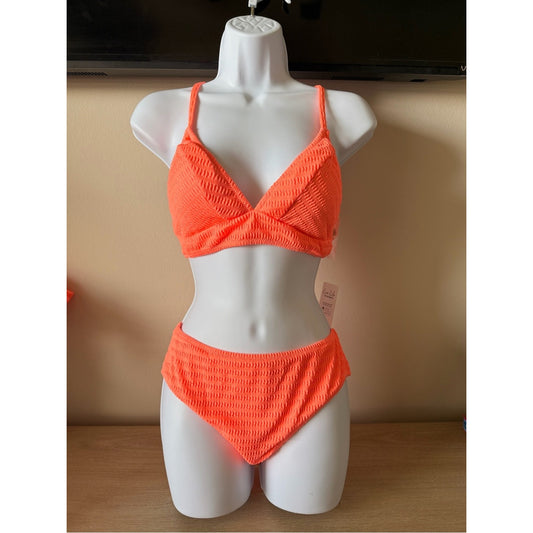 CUPSHE NWT Bright Coral Textured Bikini Set Medium High Waisted Swimwear