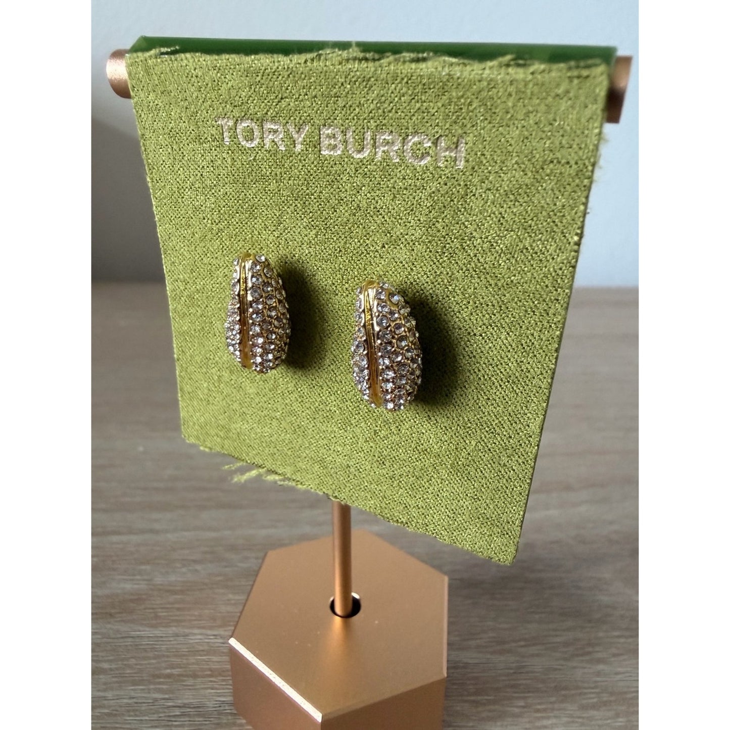 Tory Burch Gold Pavé Crystal Oval Stud Earrings Logo