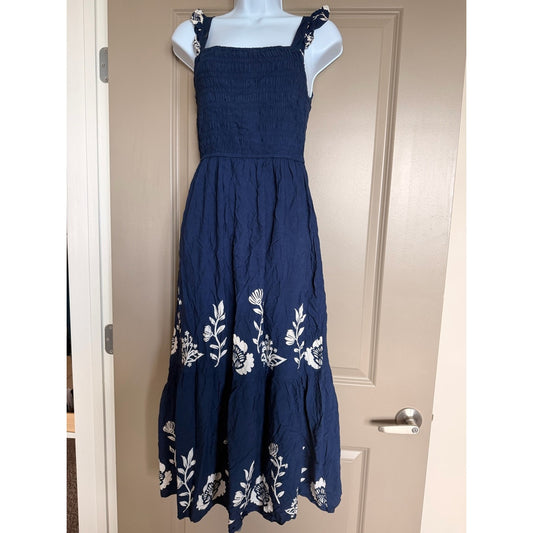 NWT Cupshe Navy Blue White Floral Smocked Midi Dress XS Boho Cottagecore