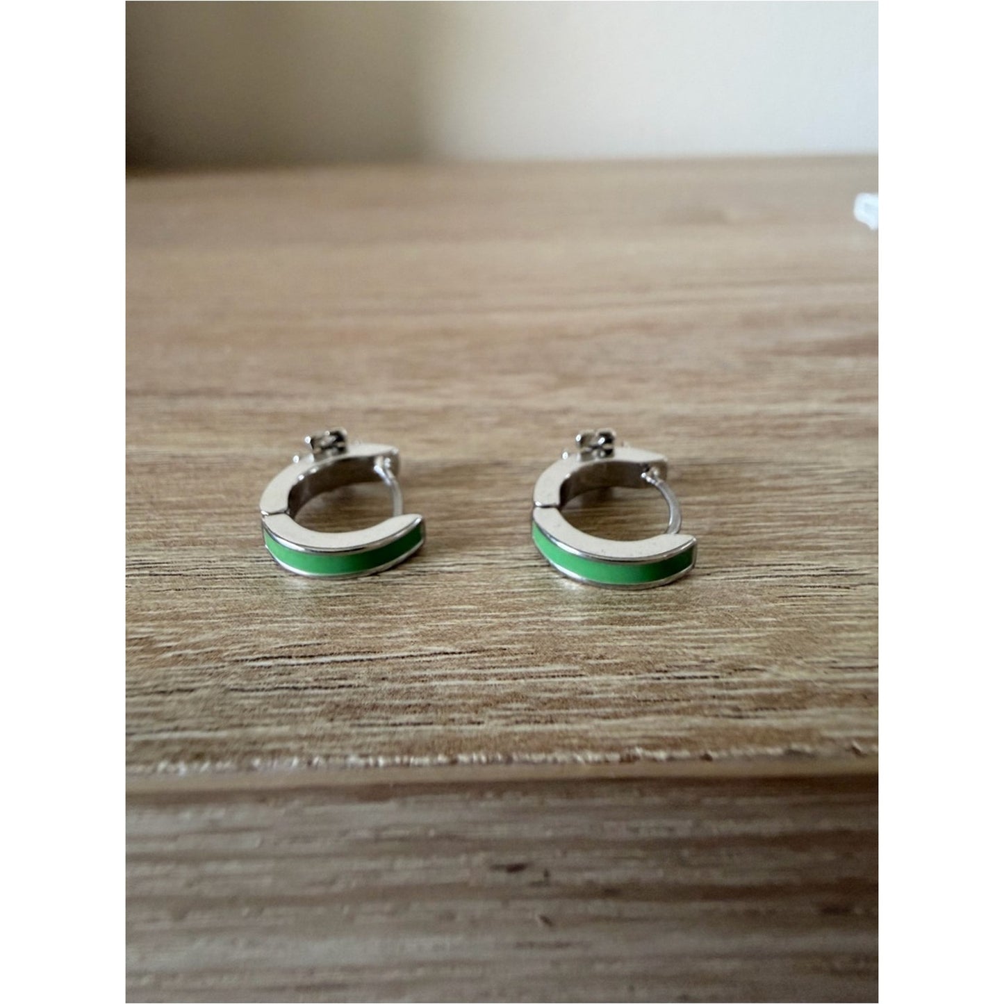 Tory Burch Kira Silver Tone Green Enamel Logo Huggie Hoop Earrings