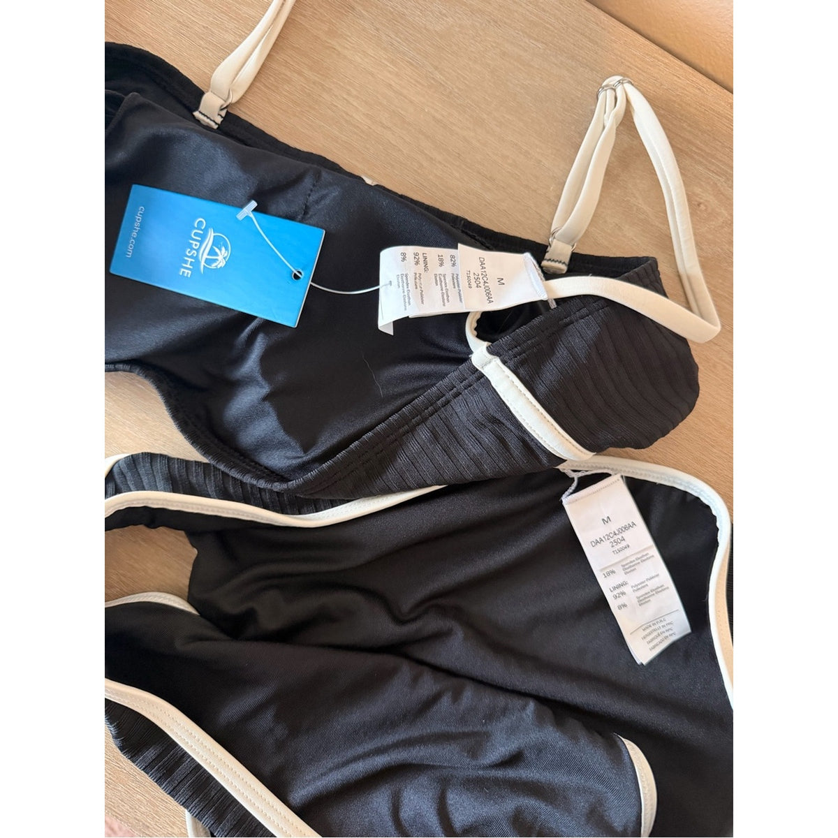 NWT Cupshe Black Cream Ribbed High Waisted Bikini Set Size M