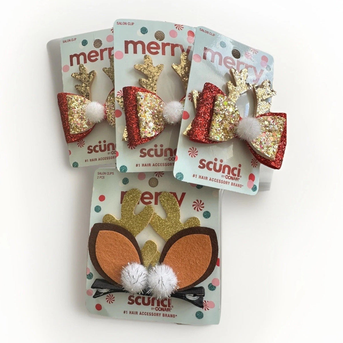 Scünci Christmas Reindeer Hair Clip Set – 3 Glitter Bows + 1 Antler Clips