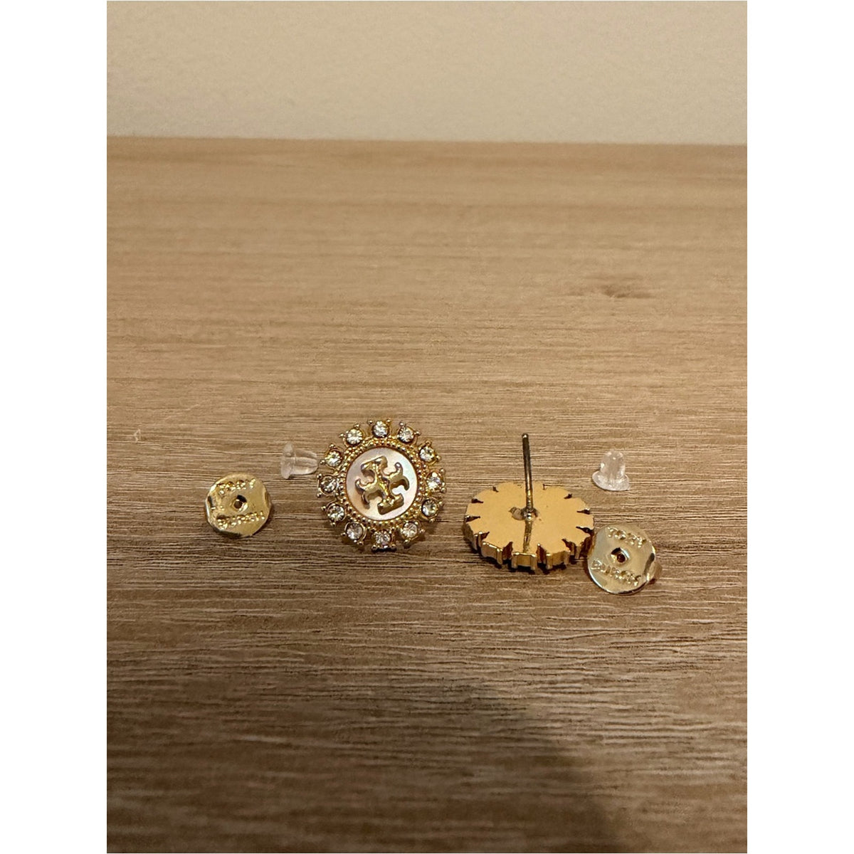 Tory Burch Moondance Mother of Pearl Stud Earrings Crystal Accents Gold new