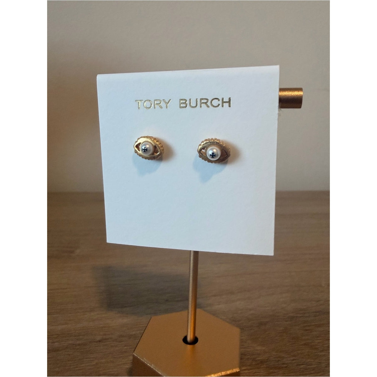 Tory Burch Gold Eye Faux Pearl Stud Earrings New