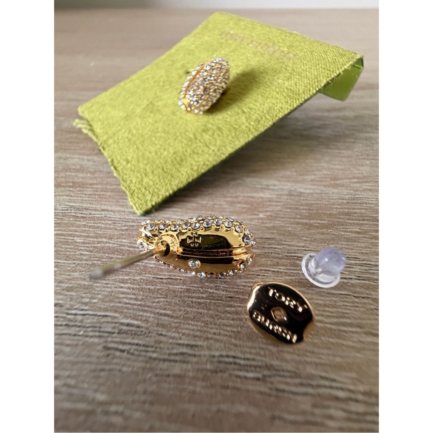 Tory Burch Gold Pavé Crystal Oval Stud Earrings Logo