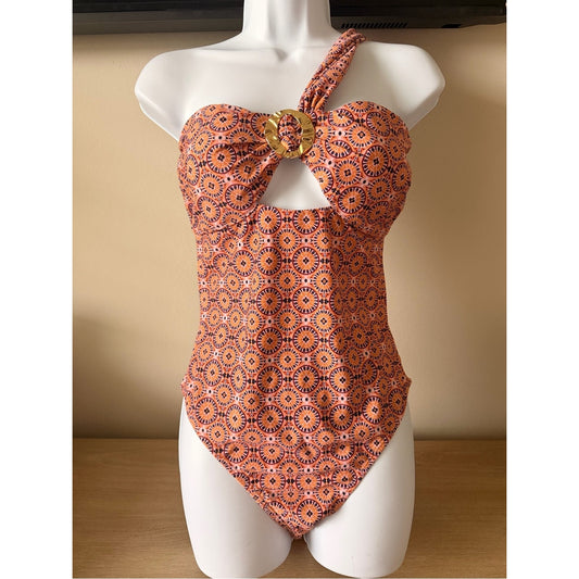 CUPSHE NWT One Piece Swimsuit Medium Peach Geometric Cutout Gold Hardware