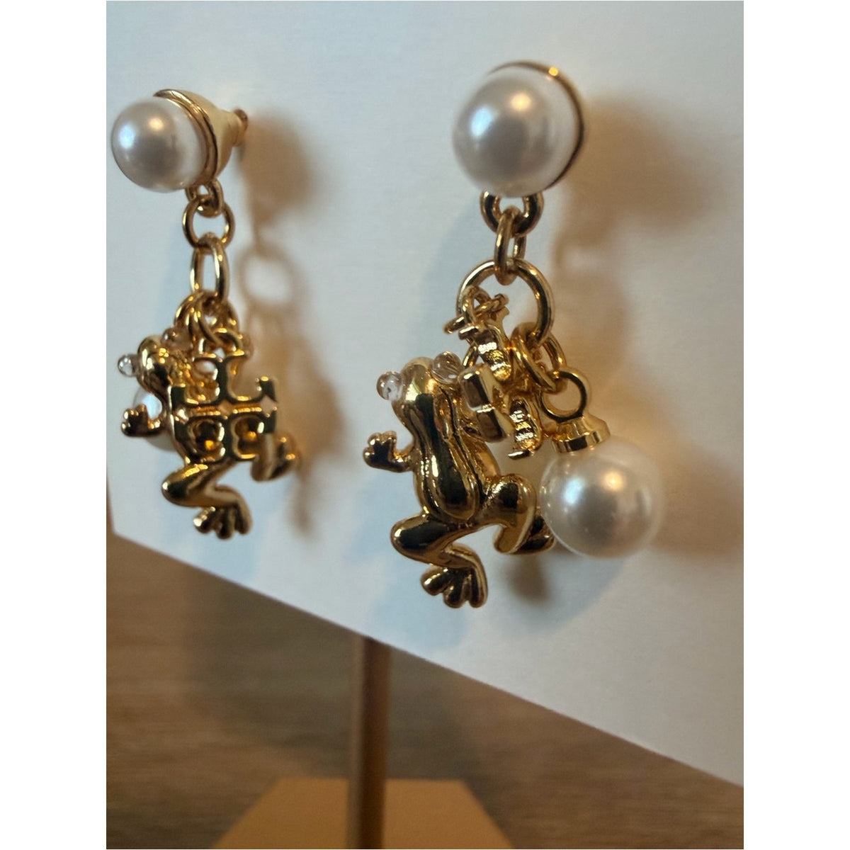 New Tory Burch Gold Frog Charm Pearl Drop Earrings