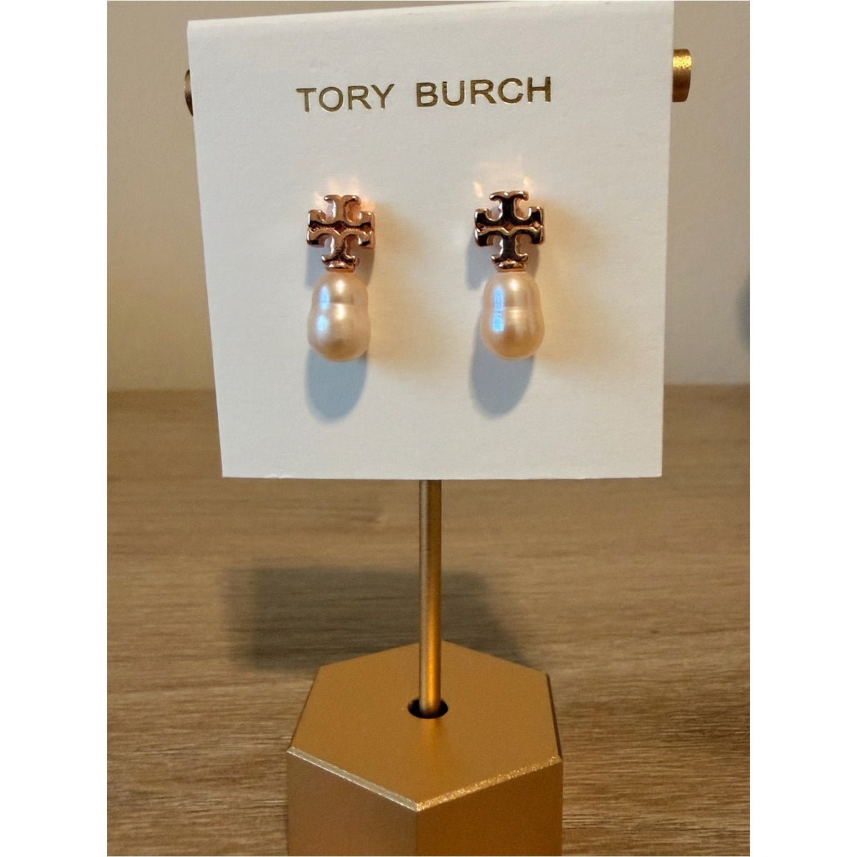 Tory Burch Rose Gold Logo Faux Pearl Drop Stud Earrings New