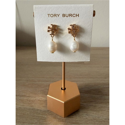 Tory Burch Crystal Logo Faux Pearl Drop Earrings Gold Tone New