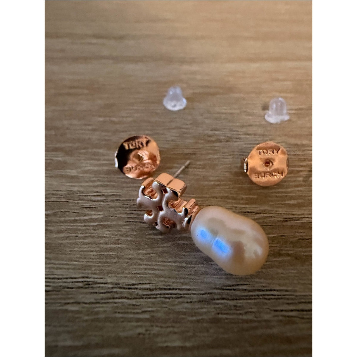 Tory Burch Rose Gold Logo Faux Pearl Drop Stud Earrings New