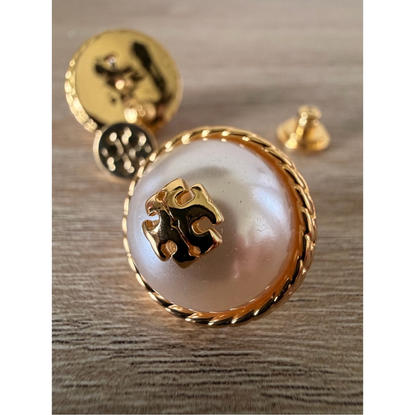 Tory Burch Faux Pearl Logo Stud Earrings Gold Tone New