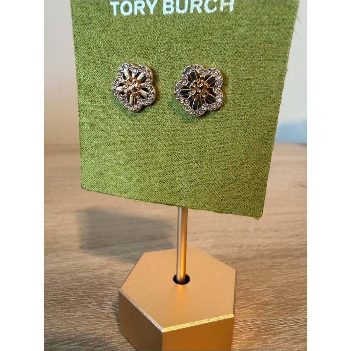 New Tory Burch Gold Floral Crystal Logo Stud Earrings