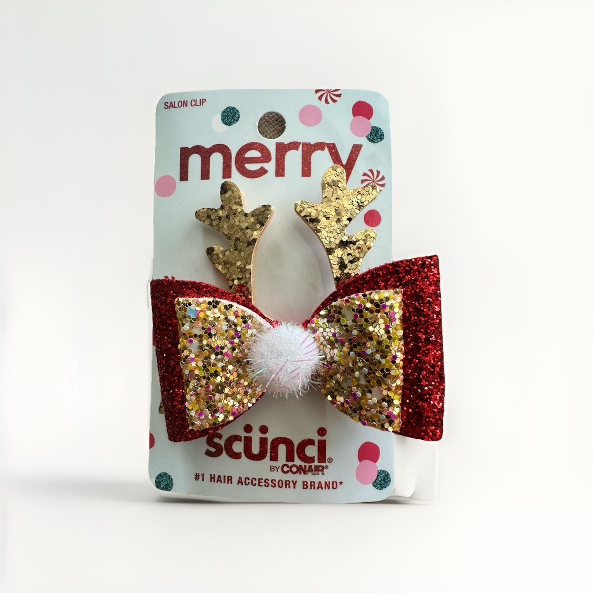Scünci Christmas Reindeer Hair Clip Set – 3 Glitter Bows + 1 Antler Clips