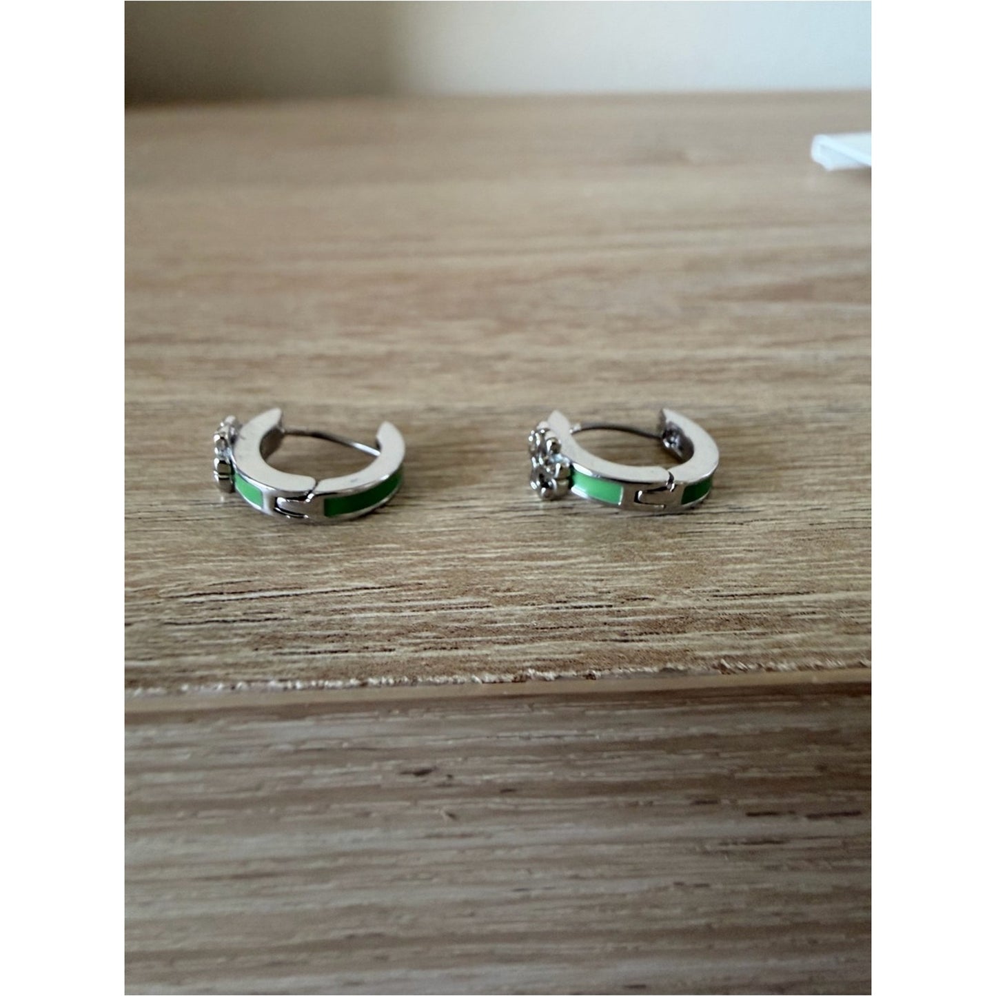 Tory Burch Kira Silver Tone Green Enamel Logo Huggie Hoop Earrings